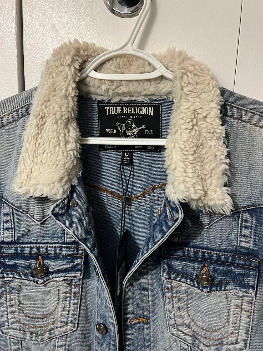True Religion Light Blue Denim Jacket with Cream Sherpa Collar